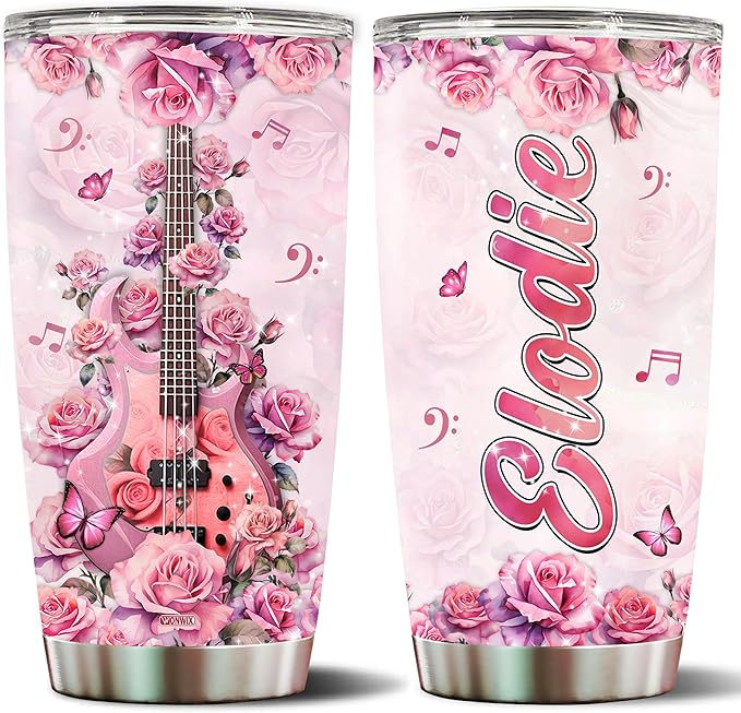 WONWIX Personalized Bass Guitar Players Gifts for Women, Coffee Mug Tumbler Bassist Travel Cups Gift for Wife Daughter Christmas Birthday Mothers Day Valentine Insulated Stainless Steel 20oz