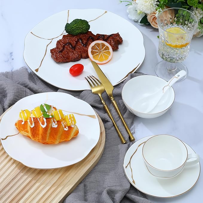 24 Piece White Porcelain Dinnerware set for 4,Plates and Bowls Sets With Gold Rim and gold accents,Highly Chip and Crack Resistant | Dishwasher Safe Dishes Set