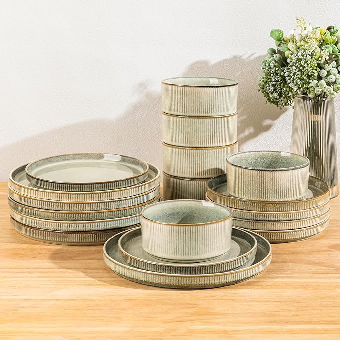 GBHOME Stoneware Dinnerware Sets for 6,Round Reactive Glaze Ceramic Plates and Bowls Set,Highly Scratch Resistant | Dishwasher & Microwave Safe Dishes Set,Service for 6(18Pcs),Desert Sage