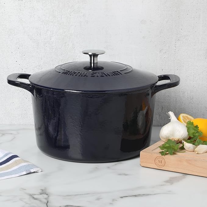 Martha Stewart Gatwick 7 QT Enamel Cast Iron Dutch Oven ??Navy Blue, Heavy-Duty Durable Dutch Oven for Slow Cooking, Braising, and Baking