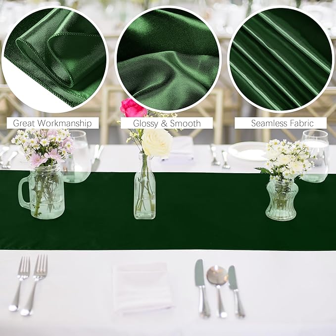 ANECO 4 Pack Satin Table Runner 12 x 108Inch Long Bright Silk and Smooth Fabric Party Table Runner for Wedding Banquet Party Decoration- Forest Green