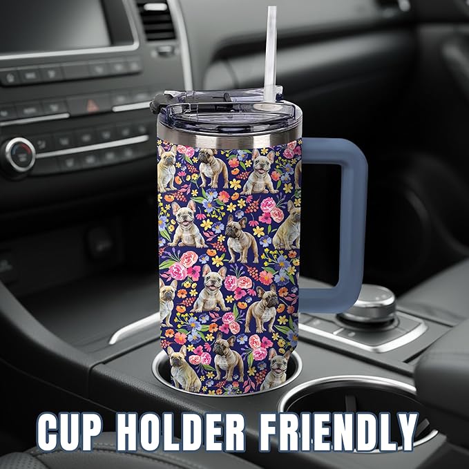 Yogusut French Bulldog Gifts for Women, 40oz Stainless Steel Insulated Tumbler Travel Mug Cup with Handle Straw, Gifts for Dog Mom Dog Lover