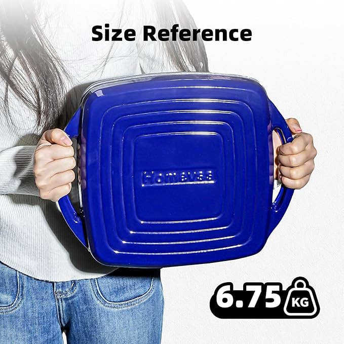 2-in-1 Square Enameled Cast Iron Dutch Oven 7QT Baking Pan and Gridle Lid with Dual Handles, Cast Iron Skillet lid, Coating Gridle for Baking, Braising and Grilling - Blue
