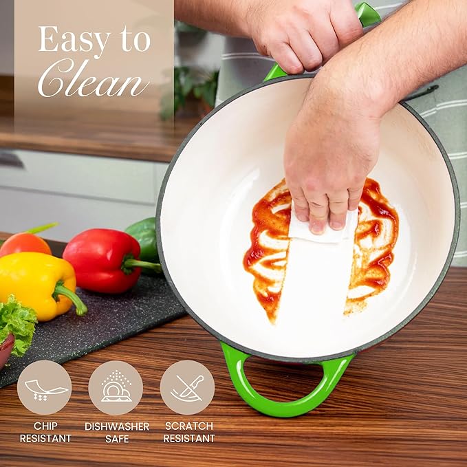 Nuovva Enamelled Cast Iron Dutch Oven Pot with Lid ??6.4 Quart Non Stick Casserole Pot ??Heavy Duty & Oven Safe up to 500째 F for Bread Baking, Braising, Stews, Roasting ??28cm Green