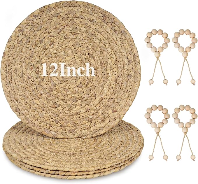 12??Woven Round Placemats Set of 4, Natural Water Hyacinth Braided Table Mats with 4 Wood Bead Napkin Rings, Washable Boho Farmhouse Rattan Place Mats for Home, Outdoor, Table Decor, Dinning, Wedding