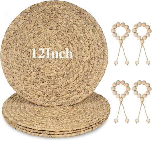 12??Woven Round Placemats Set of 4, Natural Water Hyacinth Braided Table Mats with 4 Wood Bead Napkin Rings, Washable Boho Farmhouse Rattan Place Mats for Home, Outdoor, Table Decor, Dinning, Wedding