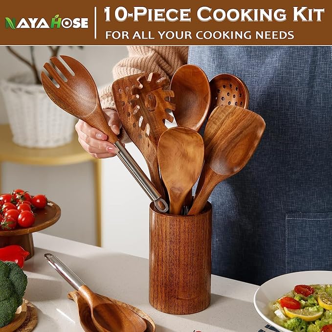 Wooden Spoons for Cooking with Utensils Holder, 10-Pieces Wooden Utensil Set Non-Stick, Natural Teak Cookware Wooden Cooking Spurtle Set, with Stainless Steel Handle