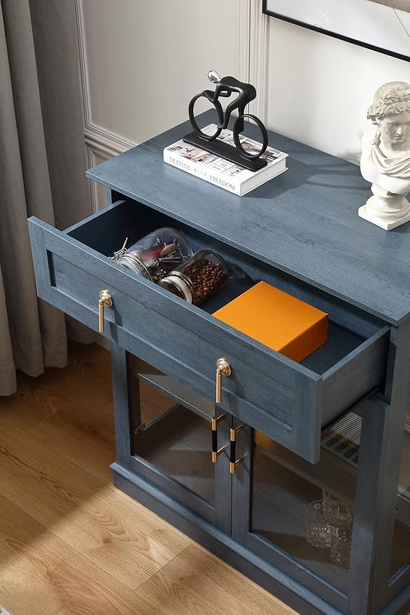 31.5'' Accent Small Buffet Cabinet with Storage, Buffet Sideboard with Two Glass Doors and a Drawer,Small Coffee bar Cabinet with Adjustable Shelf,for Kitchen and entryway,Blue