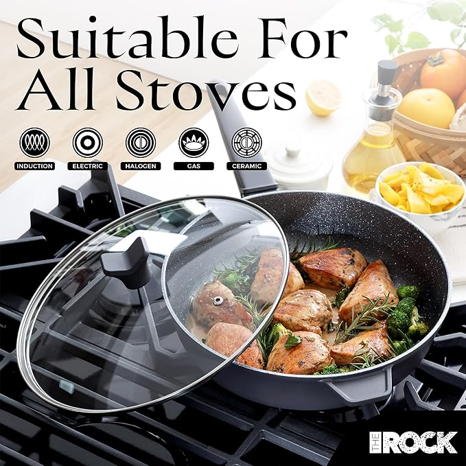 THE ROCK SOHO 4 Qt Nonstick Deep Frying Pan Skillet with Glass Lid, 11 Inch Large Deep Frying Pan, Non Stick Saute Pan ??Stay-cool Handle, Induction Compatible, Oven & Dishwasher Safe, Black