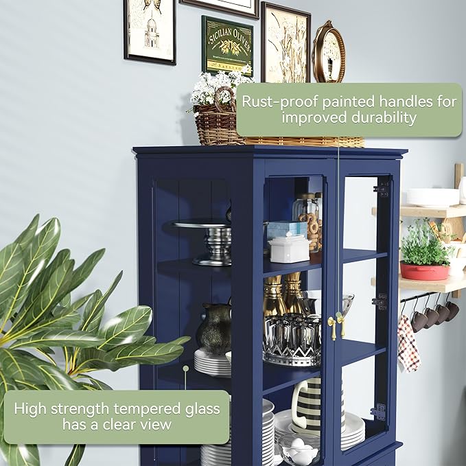 ARTPOWER 72" Freestanding Kitchen Pantry Storage Sideboard, Classical Tall Cabinet with Glass Door and Adjustable Shelves for Kitchen, Livingroom and Dining Room, Navy Blue