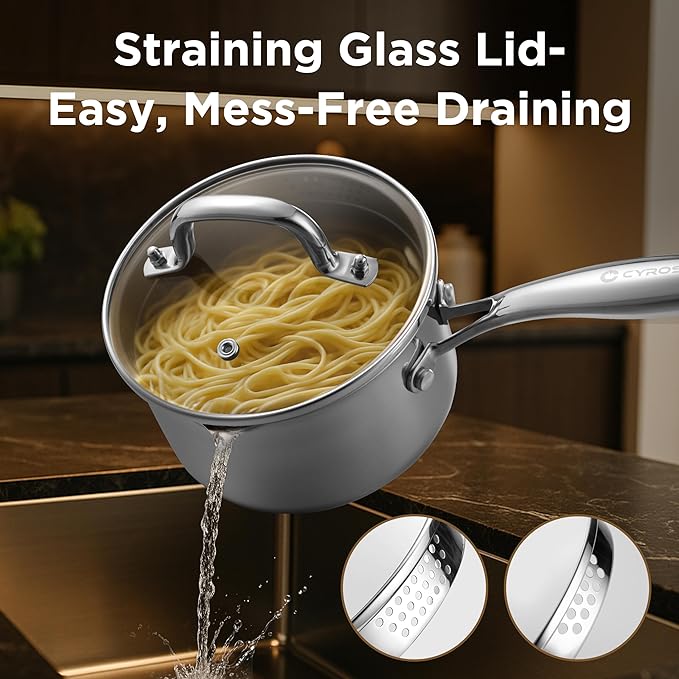 Tri-Ply Stainless Steel Sauce Pan with Steamer Basket & Straining Glass Lid??2-in-1 Multi-Function Pot for Steaming, Boiling & Simmering ??Healthy, Durable, Rust-Resistant, Professional-Grade Cookware