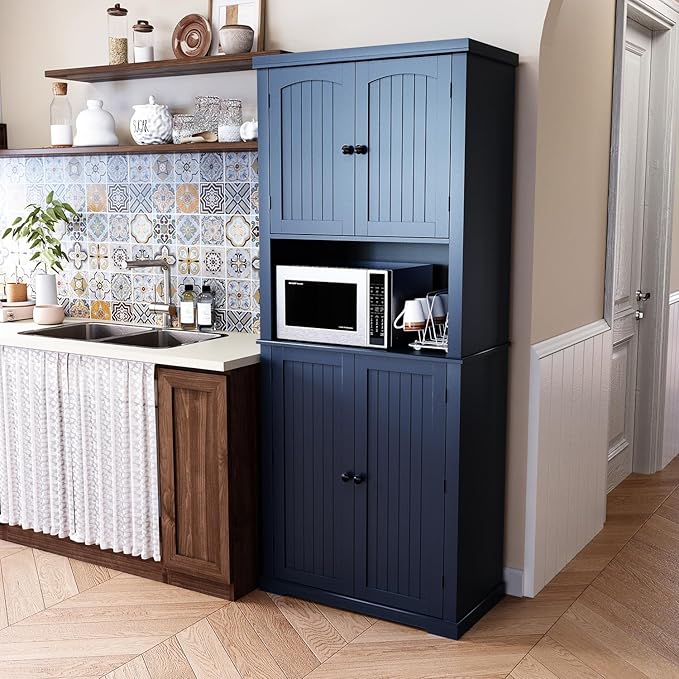 HLR 72" Kitchen Pantry Storage Cabinet, Freestanding Larder Cupboard, Kitchen Hutch Cabinet with Microwave Stand,Utility Pantry with Doors and Shelves for Dining Room, Living Room