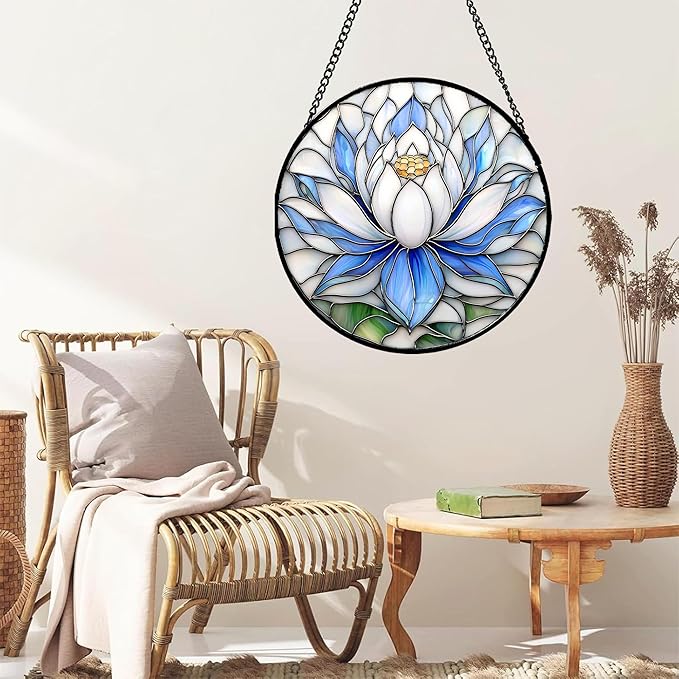 Stained Glass Window Hanging - Blue and White Lotus Petal Suncatcher for Doors Window Home Sun Catchers Decor Christmas Mother's Day July Birthday Gifts for Teacher Women Men Mom Nana 11.8 in