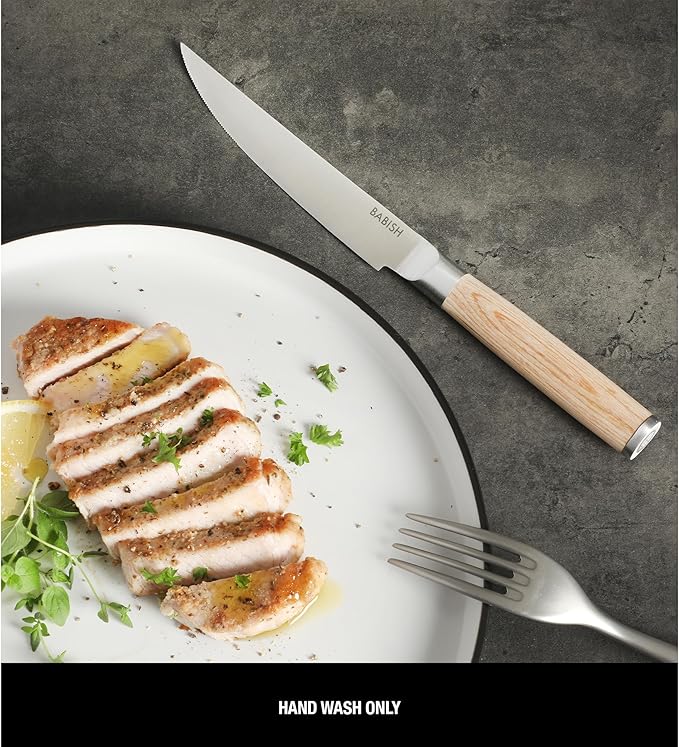 Babish 4-Piece 1.4116 German Stainless Steel Steak Knife Set with Light Pakka Wood Handles ??Full-Tang Steak Knives for Dining, Entertaining & Everyday Table Use