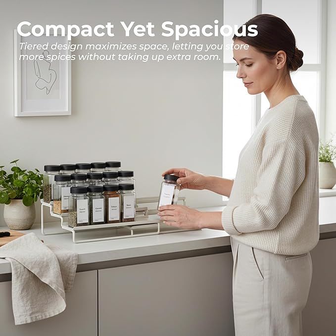 Tiered Spice Rack Organizer ??Warm Gray Metal Countertop & Cabinet Spice Stand, Strong & Sturdy 3-Tier Shelf for Kitchen, Pantry, Seasoning Bottles ??Minimal Scandinavian Design
