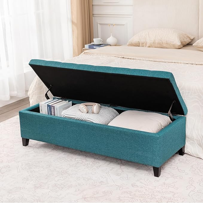 DECO DE VILLE Ottoman with Storage, 51 Inch End of Bed Storage Ottoman Bench, Linen Fabric Upholstered Ottomans with Hinged Lid, Rectangle Long Foot Rest Bench for Entryway Living Room Bedroom Teal