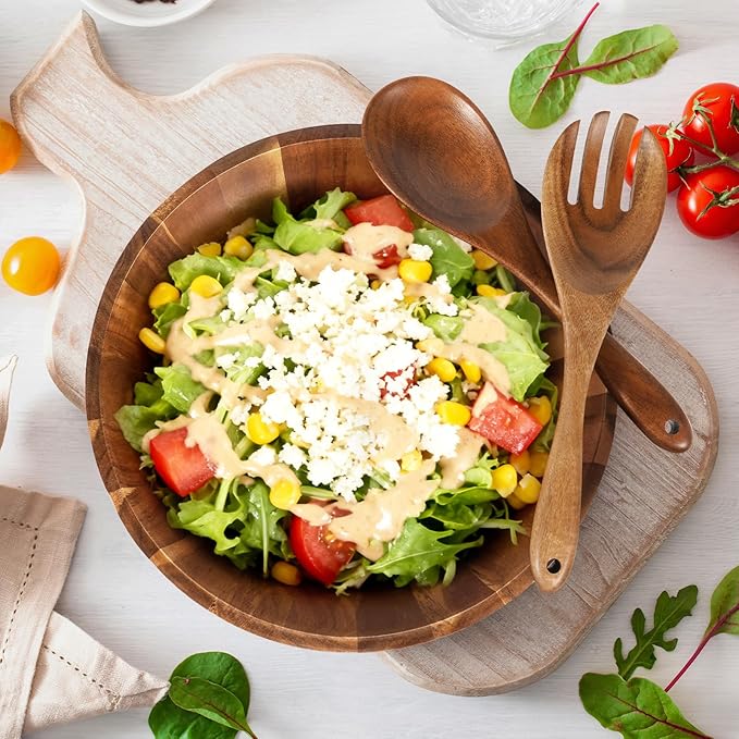 Wooden Salad Bowl Set 11.8 Inch ??Acacia Large Wood Salad Bowl with Wooden Serving Utensils, Big Salad Bowls for Fruits, Food Serving & Hosting Family Gatherings