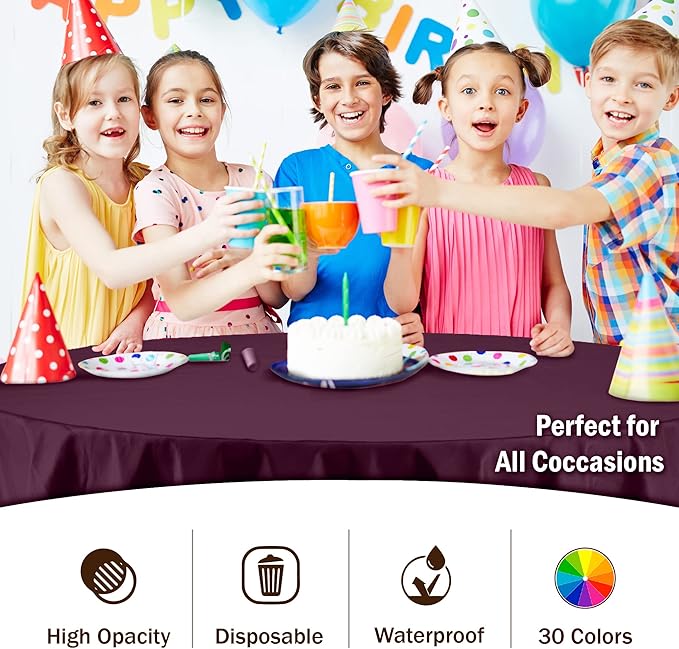 Party Solids 6-Pack Premium Plastic Tablecloth 84in. Round Plastic Table Cover - Plum