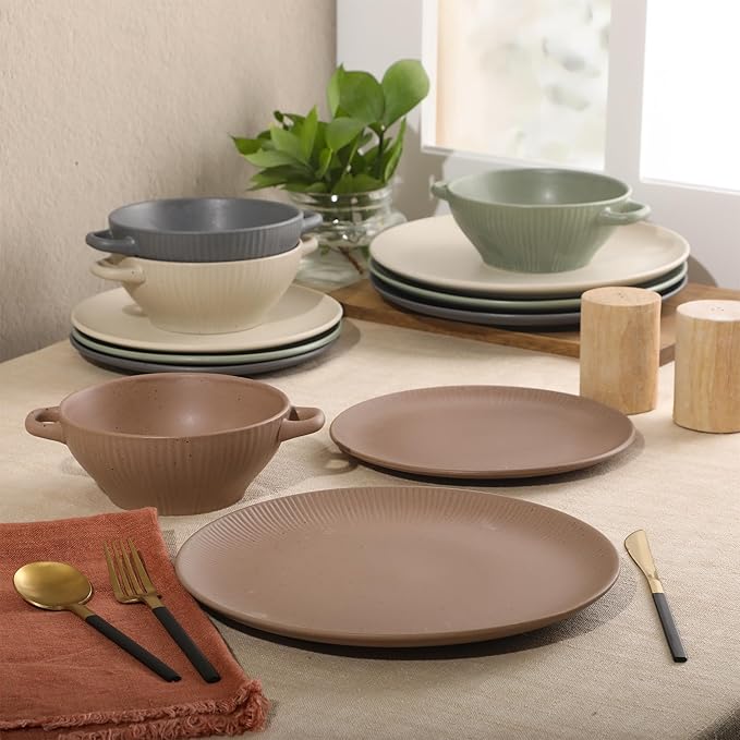 Gibson Elite Clover Hill 12-Piece Stoneware Dinnerware Set ??Assorted Colors in Sage Green, Charcoal, Taupe & Cream ??Embossed Reactive Glaze Plates & Bowls, Microwave & Dishwasher Safe, Service for 4