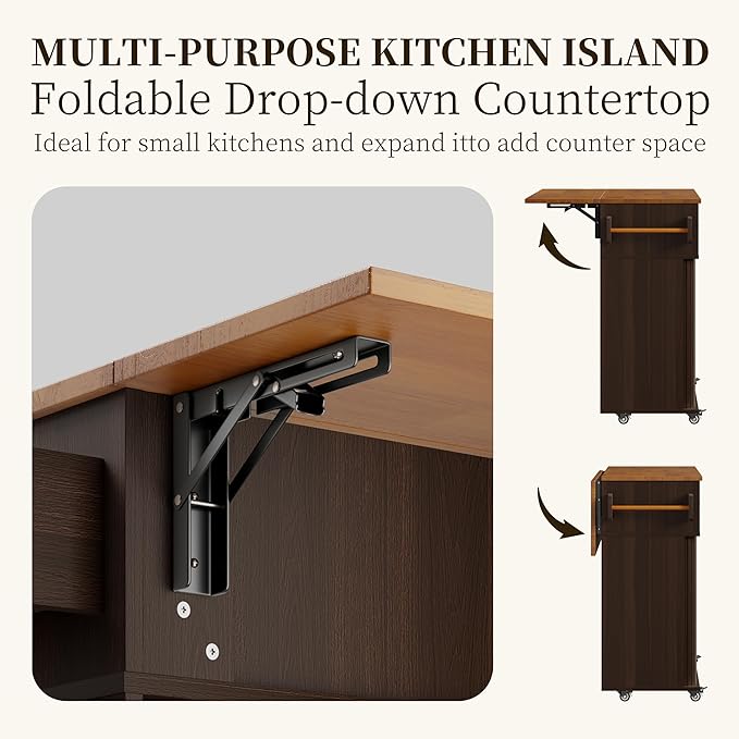 DHH Rolling Kitchen Island with Drop Leaf Countertop&Ample Storage - 39.4" Small Mobile Kitchen Cart On Wheels with Sliding Door,Drawers,Spice Rack & 2-Tier Storage (Coffee)
