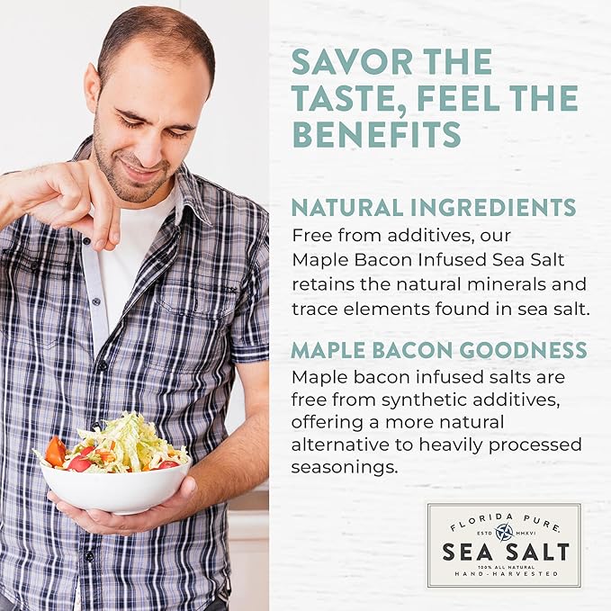 FLORIDA PURE Maple Bacon Sea Salt - Smoky, 80+ Mineral Salt, Natural, Unrefined, Non Iodized - for Baking, Cooking, Seasoning & Enhancing Taste - Flaky Sea Salt (3 oz. Pouch)