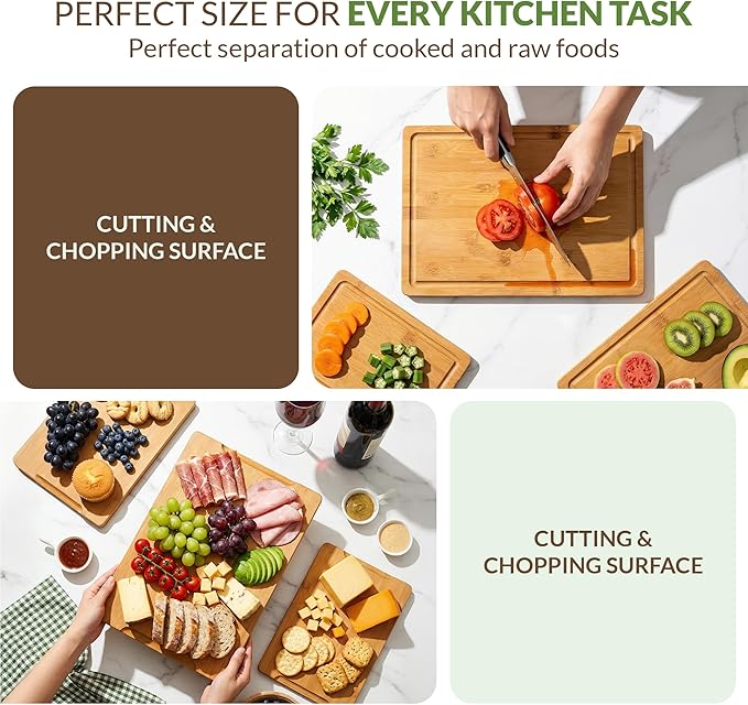 Vietnam Carbonized Bamboo Cutting Board Set of 3 with Holder, Non Toxic Reversible Boards with Juice Groove, Smooth Finish and Non Slip Feet, Handmade in Vietnam for Prep and Charcuterie