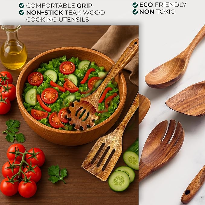 Teak Wooden Cooking Spoons Set -10-Piece Nonstick Cookware - Handmade Wooden Teak-Bamboo Charcuterie Board With Knife - Wooden Kitchen Utensils, Ideal Gift Set For Weeding,Birthday