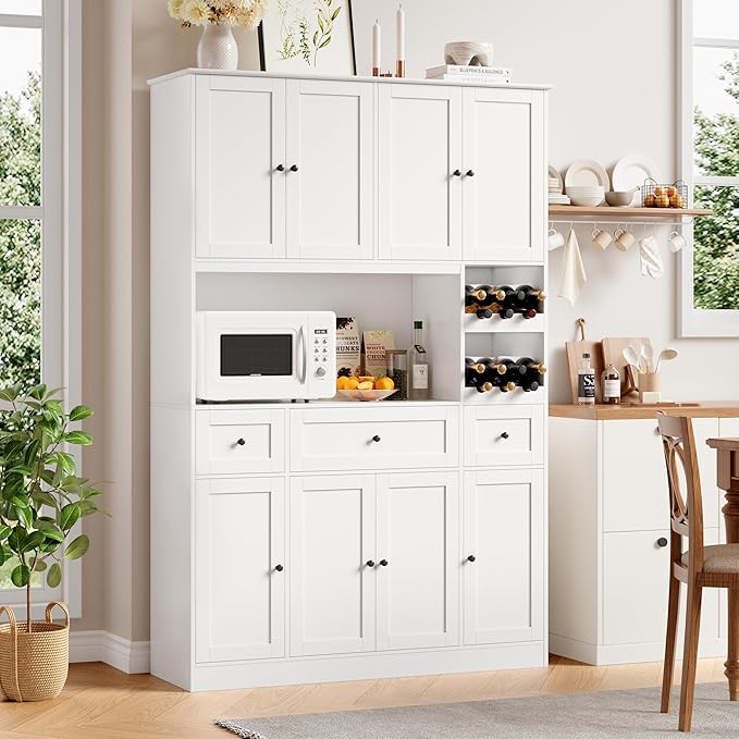72" Tall Pantry Cabinet with Wine Rack, Kitchen Pantry Cabinet with Microwave Stand, Large Kitchen Hutch with Drawers, Food Pantry for Dining Room, White