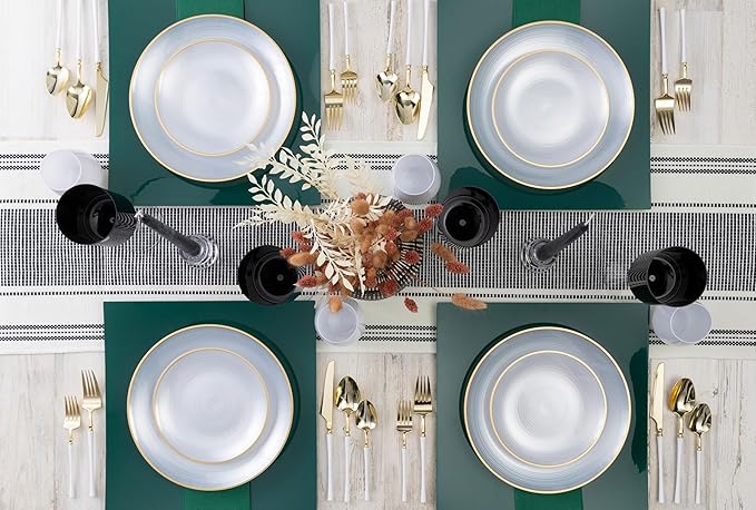 PLASTICPRO 128 Pieces Crystal Design Plastic Plates Combo Pack 7 inch and 10 inch Gold Rim Elegant Disposable Plates, Pearl White
