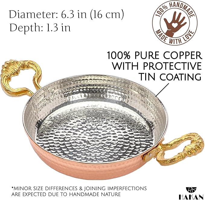 Hakan Copper Egg Pan for Cooking | Handmade Small Frying Pan | Hammered Skillet with Double Handles for Omelette | Authentic Kitchen Cookware & Copper Gifts Idea, 6.3??(16 cm)