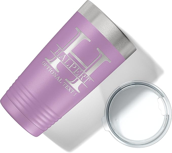 Personalized 20oz (17 Colors) Powder Coated Insulated Stainless Steel Tumbler with Lid, Custom Etched, Customized Engraved Gift Idea for Women Men Her Him, Halpert Monogram Initial Name (Light Purple)