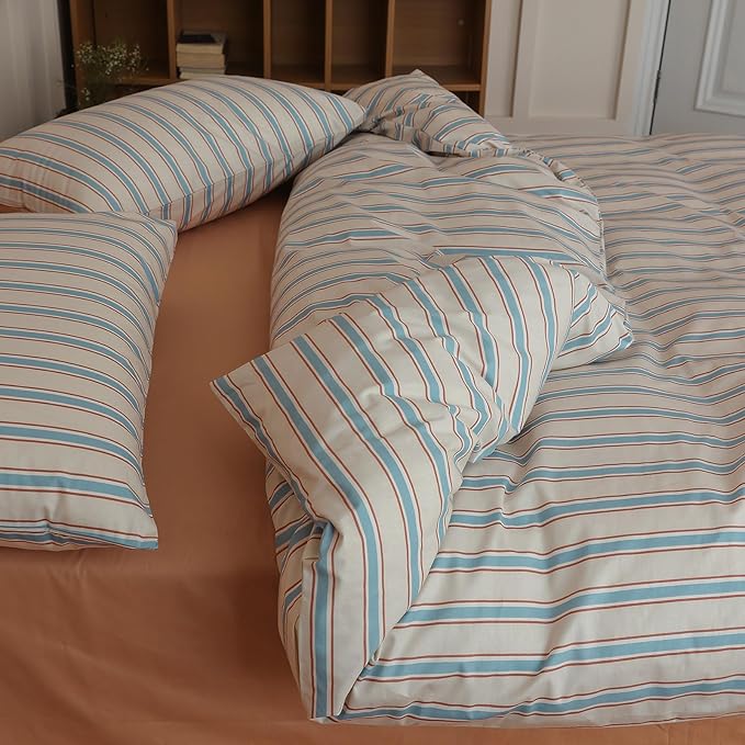 LifeTB Full Comforter Set Blue Brown Striped Comforter Set, 3 Pieces Retro Stripes Pattern Printed Comforter with 2 Pillowcases, Lightweight Fluffy Soft Breathable Striped Bedding Set for All Seasons