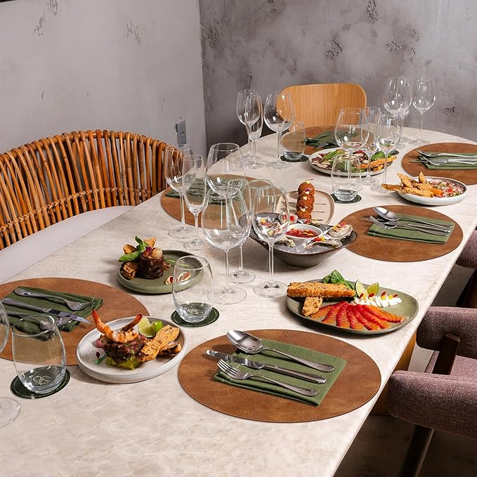 ADRIMER Placemats, Heat Resistant Round Placemats Set of 12 Washable, Waterproof Table Mats, Wipeable Faux Leather Place Mats for Kitchen, Dining Room, Turmeric Brown