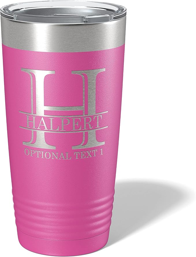 Personalized 20oz (17 Colors) Powder Coated Insulated Stainless Steel Tumbler with Lid, Custom Etched, Customized Engraved Gift Idea for Women Men Her Him, Halpert Monogram Initial Name (Pink)