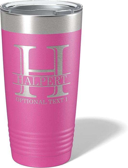 Personalized 20oz (17 Colors) Powder Coated Insulated Stainless Steel Tumbler with Lid, Custom Etched, Customized Engraved Gift Idea for Women Men Her Him, Halpert Monogram Initial Name (Pink)