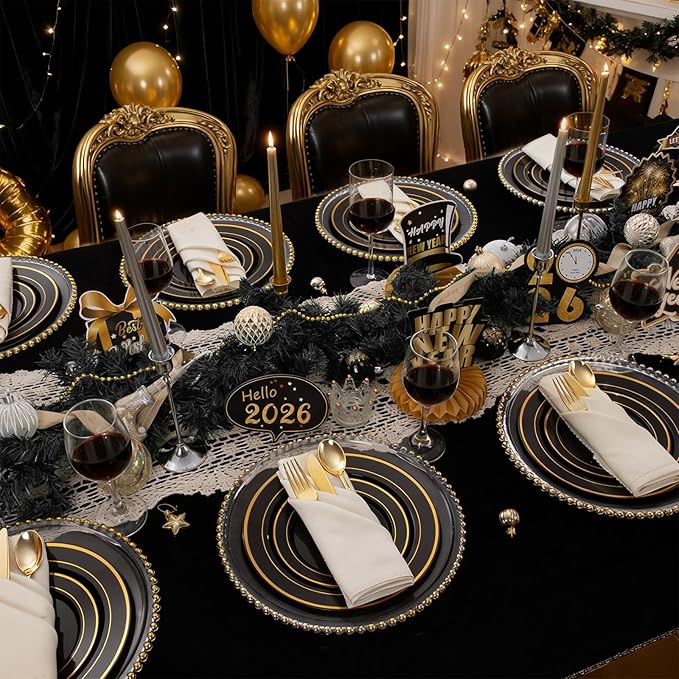 350 Pieces Black and Gold Plastic Plates with Disposable Silverware, Include 50 Dinner Plates 9?? 50 Dessert Plates 6.3?? 50 Black Cups 9 OZ, 50 Pre Rolled Napkins for New Year