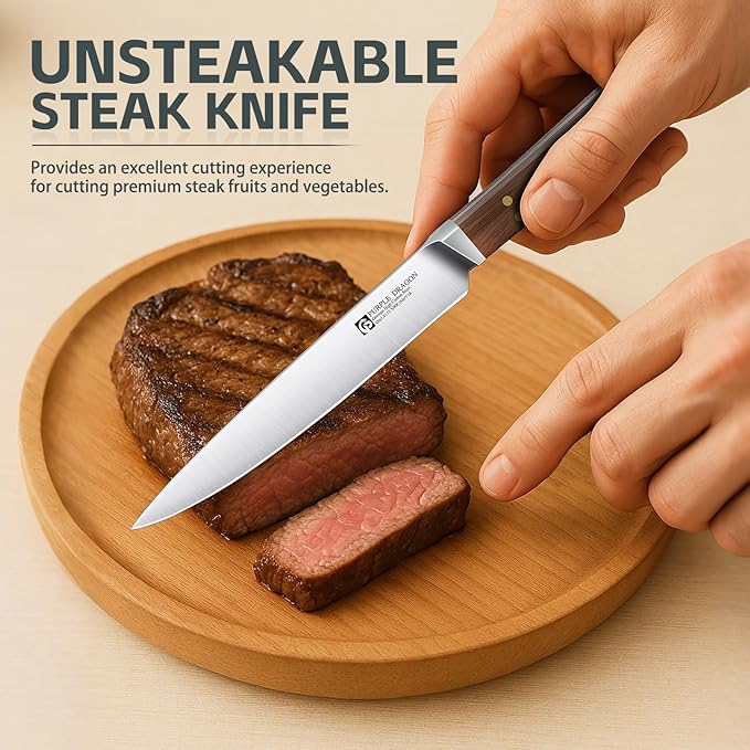 Purple Dragon Steak Knives Set of 6 - Smooth Edge Non-Serrated Blade with Square Wooden Handle ??Elegant, Balanced, High Carbon German Steel - Christmas Gift for Men and Women