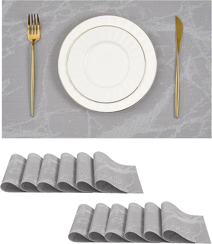 Leetaltree Reversible Marble Placemats Set of 12 ??Ships Flat and Stays Flat, Durable Washable Vinyl PVC Placemats, Heat Resistant, Easy Wipe Clean (Gray Marble Pattern)