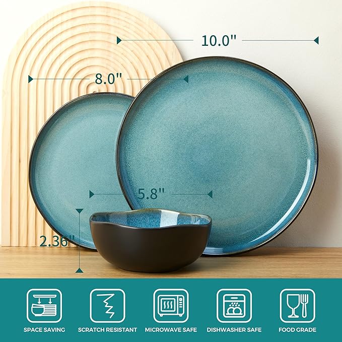 18 Piece Dinnerware Sets for 6, Green Black Reactive Glaze Stoneware | Irregular Artisan Style for Family Dinners, Weekend Gatherings | Scratch?멢esistant, Microwave & Dishwasher Safe