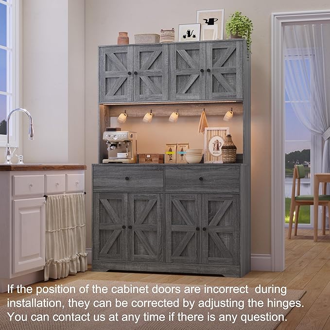 71" Tall Kitchen Pantry Storage Cabinet with Charging Station, 47.2" Wide Kitchen Hutch Cabinet with Large Countertop, Farmhouse Food Pantry with Drawers for Living Room, Gray