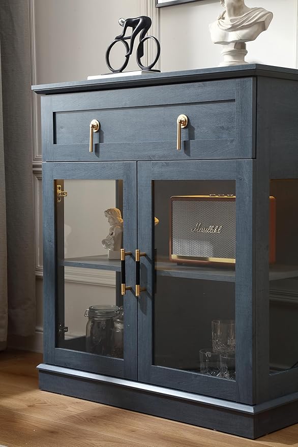 31.5'' Accent Small Buffet Cabinet with Storage, Buffet Sideboard with Two Glass Doors and a Drawer,Small Coffee bar Cabinet with Adjustable Shelf,for Kitchen and entryway,Blue