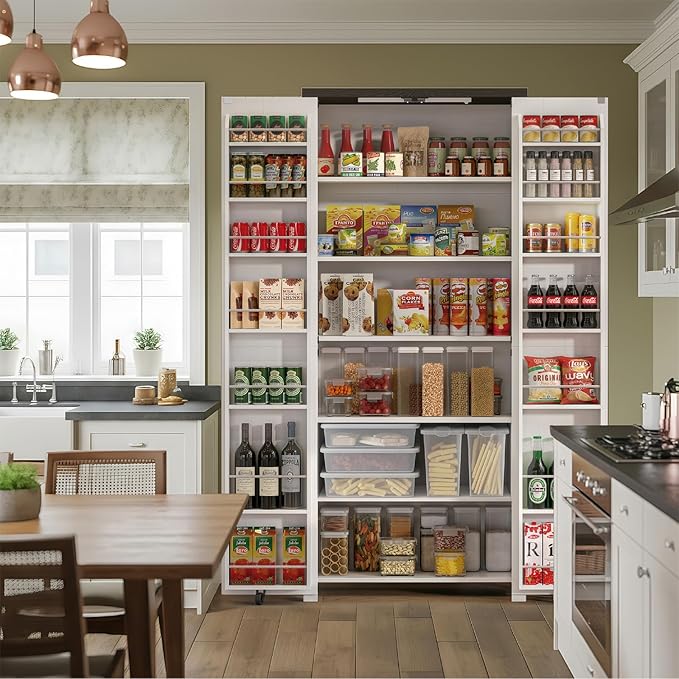 Pantry Cabinet, 71" Tall Farmhouse Kitchen Pantry Cabinet with 2 Barn and Adjustable Shelf, High Freestanding Tall Cupboard Storage Cabinet with Light for Living Room, Kitchen(White)