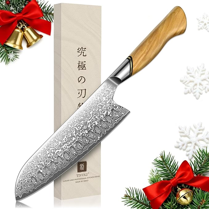 TIVOLI Damascus Santoku Knife 7 inch ??Japanese VG-10 Professional Kitchen Knife for Meat and Vegetables with Ergonomic Olive Wood Handle, Gift Box Included, Ideal Gift