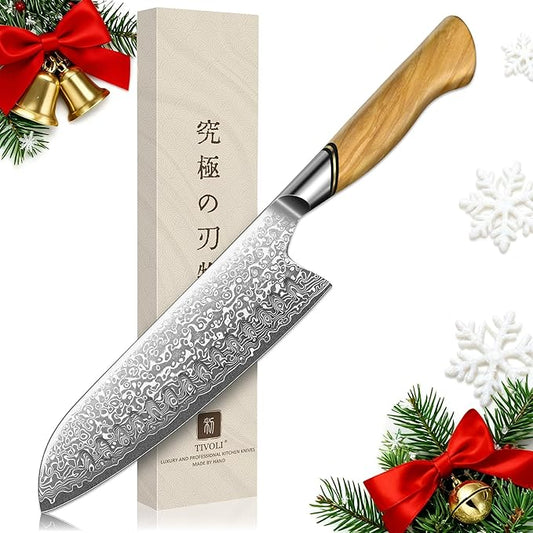 TIVOLI Damascus Santoku Knife 7 inch ??Japanese VG-10 Professional Kitchen Knife for Meat and Vegetables with Ergonomic Olive Wood Handle, Gift Box Included, Ideal Gift