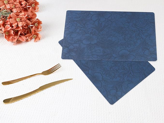 DRMHM Set of 6 Faux Leather Flower Placemats for Kitchen Dining Table Decor, Washable Table Placemats Wipeable Table Mat 18 * 12in Dark Blue