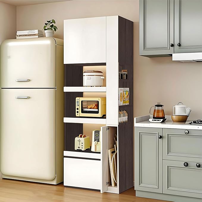 LINLIUA 71'' Tall Kitchen Pantry Cabinet, Wood Pantry Storage Cabinet with Doors, 3 Pull-Out Shelves and Drawer, Modern Slim Kitchen Hutch for Dining Room Small Space