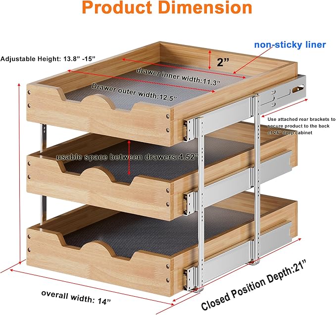 DINDON 3 Tier Pull Out Cabinet Organizer 14?쓂 X21?쒭 Slide Out Shelves With Shelf Liner for Kitchen Wood Roll Out Drawers Pantry Organization