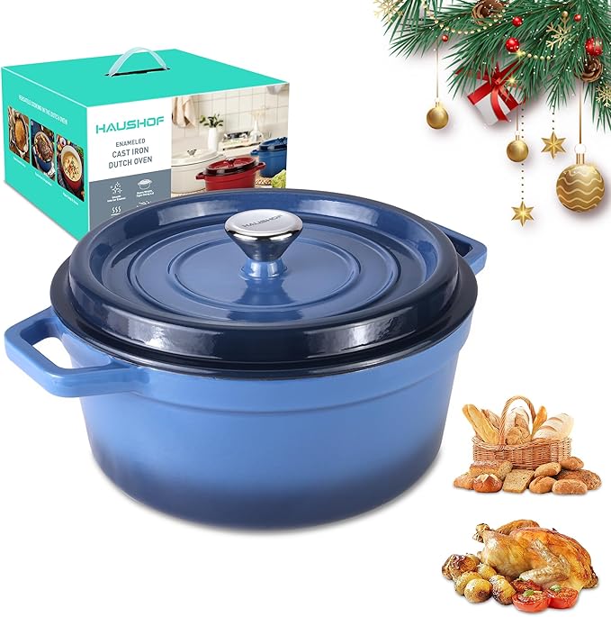 HAUSHOF 5.3QT Enameled Cast Iron Dutch Oven with Lid, Non-Stick Pot for Sourdough Bread Baking, Stewing, Rosting, Blue