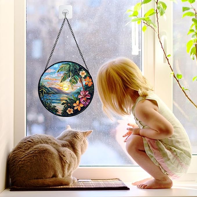 Stained Glass Window Hanging, Colorful Landscape Suncatcher for Doors Home Sun Catchers Decoration and Christmas, Mother's Day Birthday Gifts for Women, Men, and Mom 6.3 in