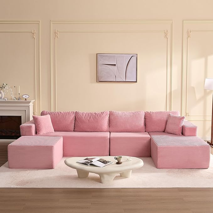 138" Boneless Couch with Deep Seat, Modular Sectional Sofa, Cloud Sectional Couch for Living Room, No Assembly Required, Corduroy, U-Shape 4 Seater Right, Pink
